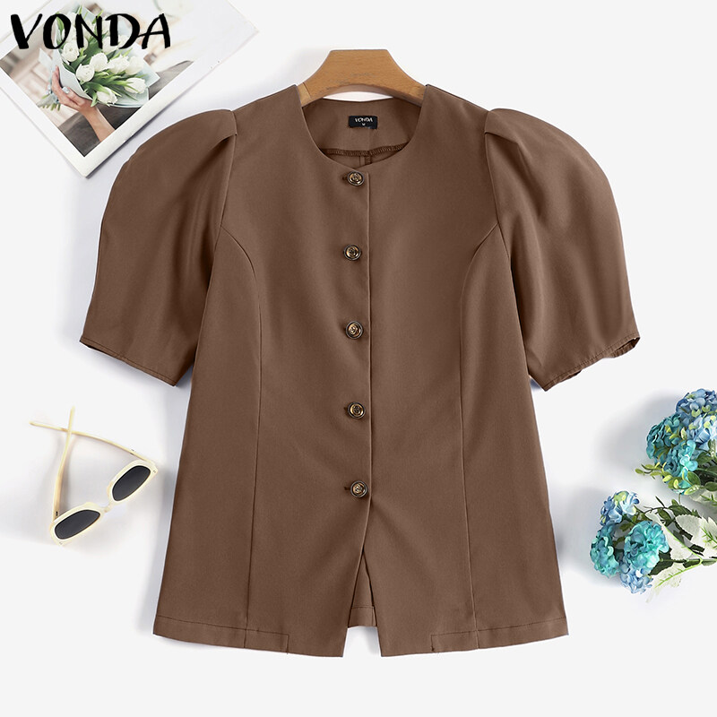 VONDA Women Fashion O Neck Puff Sleeves Blazer Workplace Solid Color