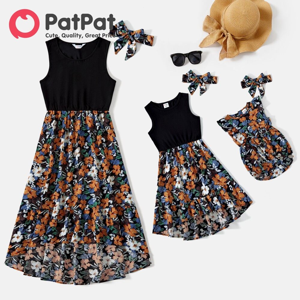 PatPat Mommy and Me Floral Panel Tank Dresses with Headband Set