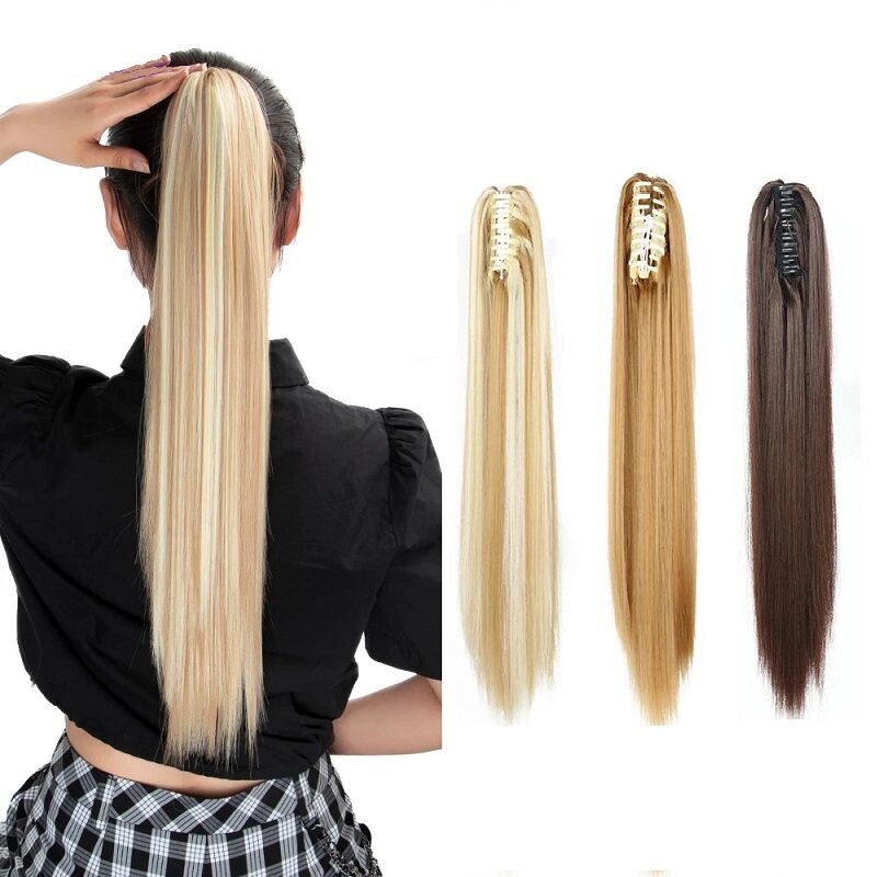22 inch dành cho nữ dài 22 inch Vuốt thẳng kẹp tóc đuôi ngựa trong phần mở rộng tóc Tóc tổng hợp màu vàng đen Tóc đuôi ngựa nhỏ