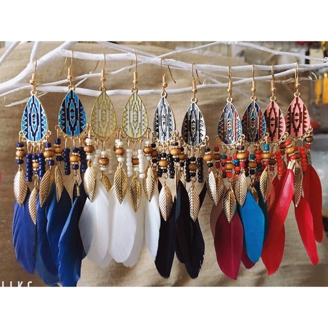 Bông tai khuyên tai lông vũ dáng dài phong cách Boho Vintage - Bông Accessories