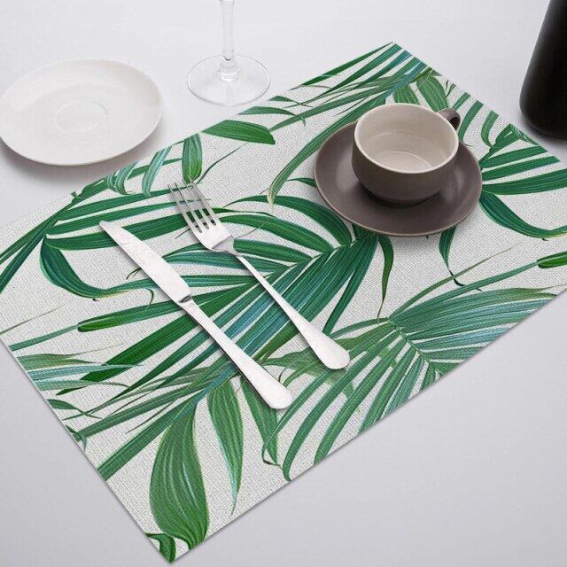 ลายใบไม้เขียว Placemats สำหรับโต๊ะทานอาหารเสื่อใบ Photo แผ่นรองแก้วตกแต่งบ้านร้านอาหารบนโต๊ะอาหารผ้าเช็ดปาก