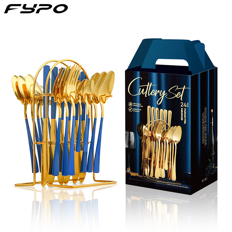 Fypo 24Pcs/Set Stainless Steel Dinner Flatware Sets With Shelf White Gold Dinnerware Set With Well-designed Gift Box Fork Coffee Spoon Dinner Knife Cutlery Set Kitchen Tableware Sets ราคา 869 บาท*ส่งฟรี
