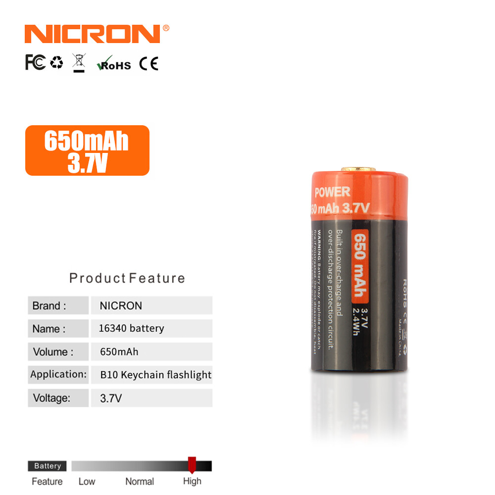 Nicron Đèn Pin Mini Sạc Lại Li-ion 16340 MAh/650 V Dung Lượng Cao 3.7 Ba Động Cơ, Nicron B10