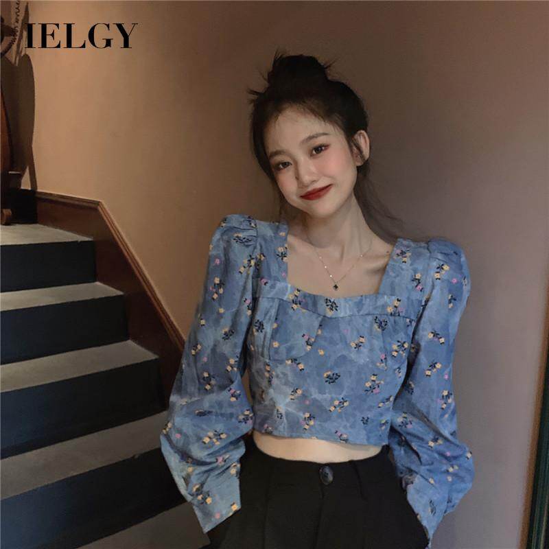 IELGY Áo Sơ Mi Denim Nữ , Cổ Vuông, Tay Dài, Màu Xanh Dương, Cổ Vuông, Mặc Đi Làm, Thời Trang Thu