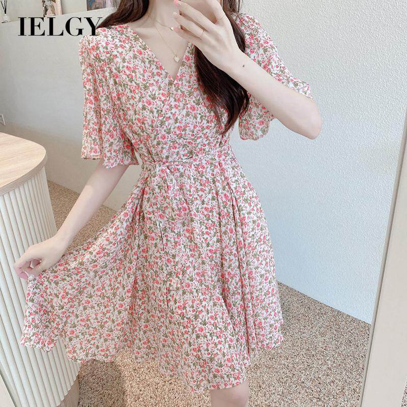 Ielgy đầm hoa nữ ôm eo ngắn tay dáng ôm