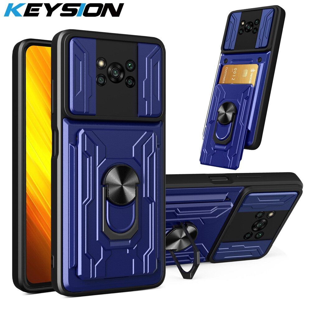 KEYSION Shockproof Case for Xiaoami POCO X3 NFC Card Bag Ring Stand Camera Protection Phone Back Cover for Xiaomi POCO X3 Pro