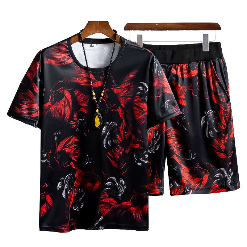 Yushuฤดูร้อนแขนสั้นสองชิ้นเสื้อยืดชุดลำลองผู้ชายวิญญาณสังคมเทรนด์ผู้ชายสุทธิสีแดงกับเสื้อผ้าหล่อ