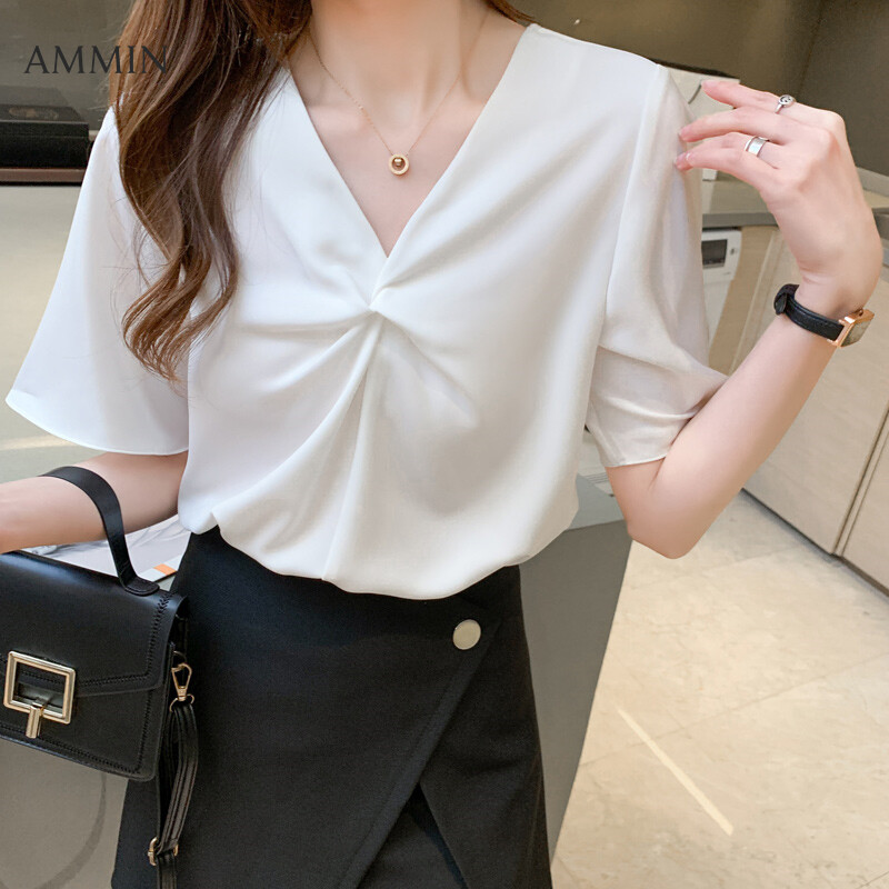 Áo AMMIN Áo Voan Thanh Lịch Tay Xếp Ly Cổ Chữ V Phong Cách Mới Mùa Hè 2021, Áo Cánh Nữ Đẹp Ngọt Ngào Màu Trơn Cổ Chữ V Xoắn Thiết Kế Cá Tính