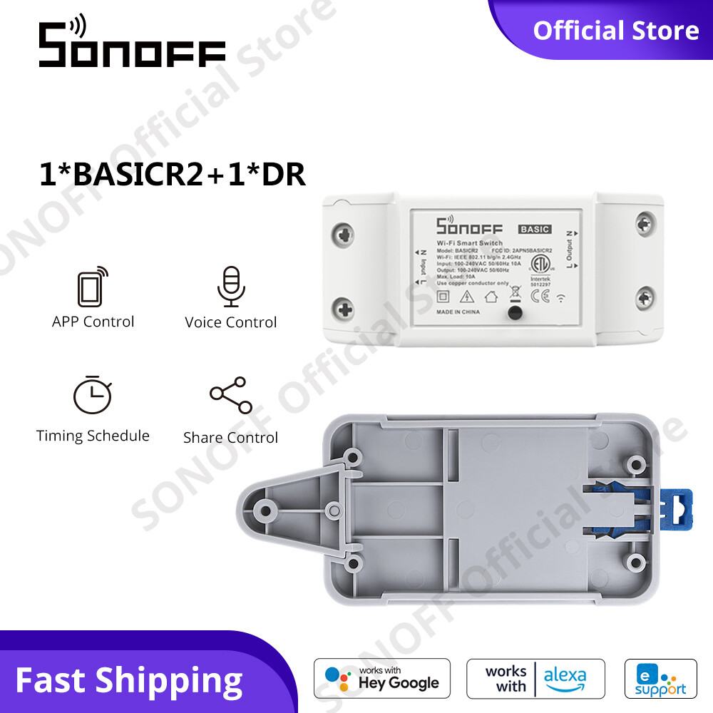 SONOFF BASIC R2 với Khay ray DR DIN, Công tắc đèn thông minh WiFi Công tắc thông minh không dây Điều khiển ứng dụng eWeLink Mô-đun tự làm nhà thông minh Cần dây trung tính