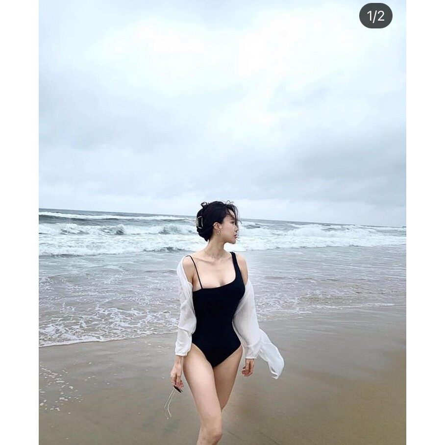 Bikini một mảnh LỆCH VAI cột nơ mảnh cá tính màu đen