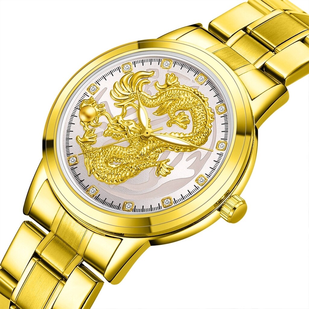 【ABLE】○◄♣ Men Steel Strap Quartz Watch Business Men's Top Luxury Embossed Golden Dragon Watches