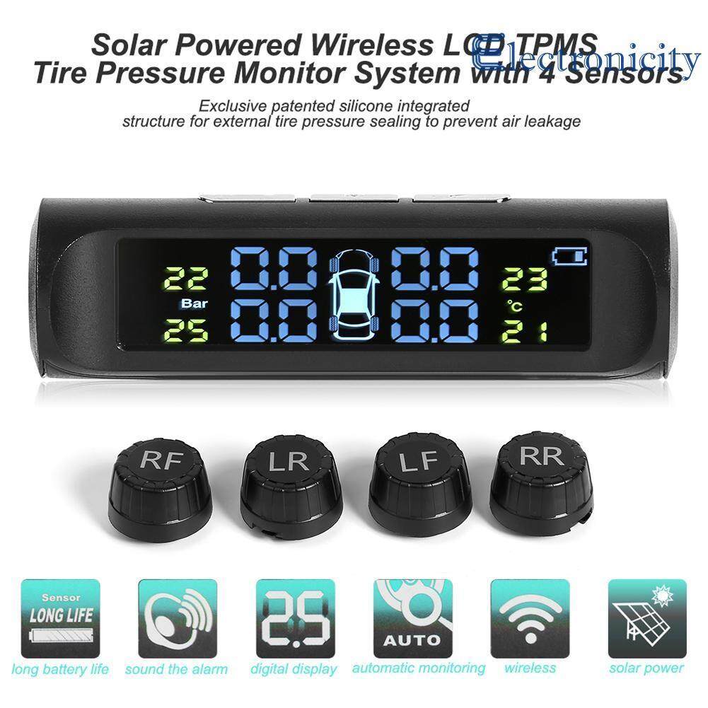 พลังงานแสงอาทิตย์ LCD รถแรงดันยาง TMPS เครื่องวัดความดันลมยาง 4 เซ็นเซอร์ภายนอก