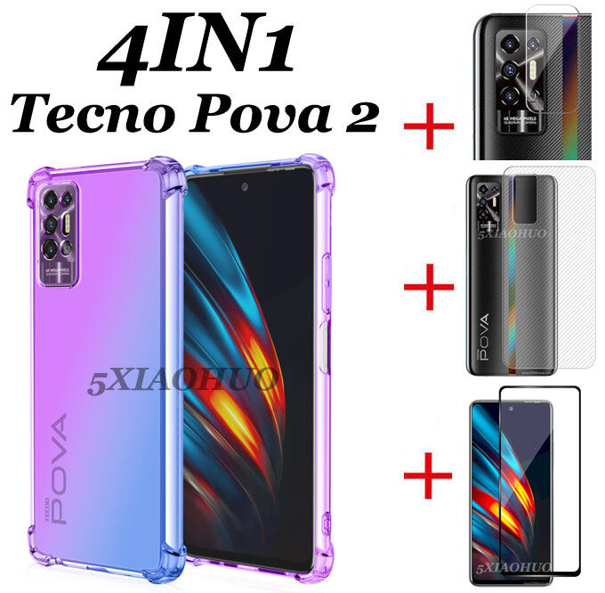 4in1 Ốp Lưng Điện Thoại Cho Tecno Pova 2 Ốp Lưng Điện Thoại Di Động Màu Chống Rơi + Màng Kính Cường 