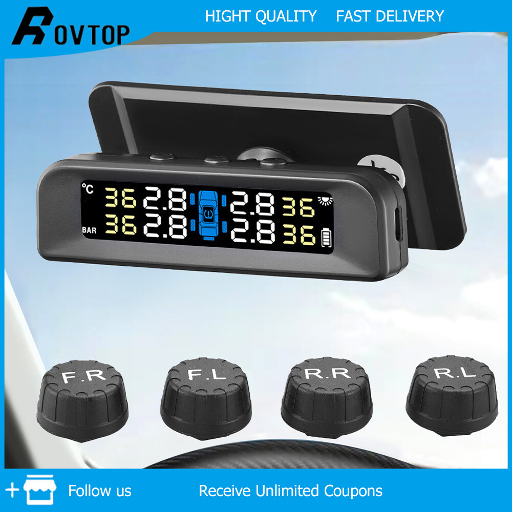 Rovtop Cảm Biến Áp Suất Lốp Xe Hơi Tiết Kiệm Nhiên Liệu Cảnh Báo Nhiệt Độ Xe Năng Lượng Mặt Trời Không Dây Áp Suất Lốp Màn Hình Hệ Thống Với 4 Cảm Biến TPMS Bên Ngoài, Độ Chính Xác Cao