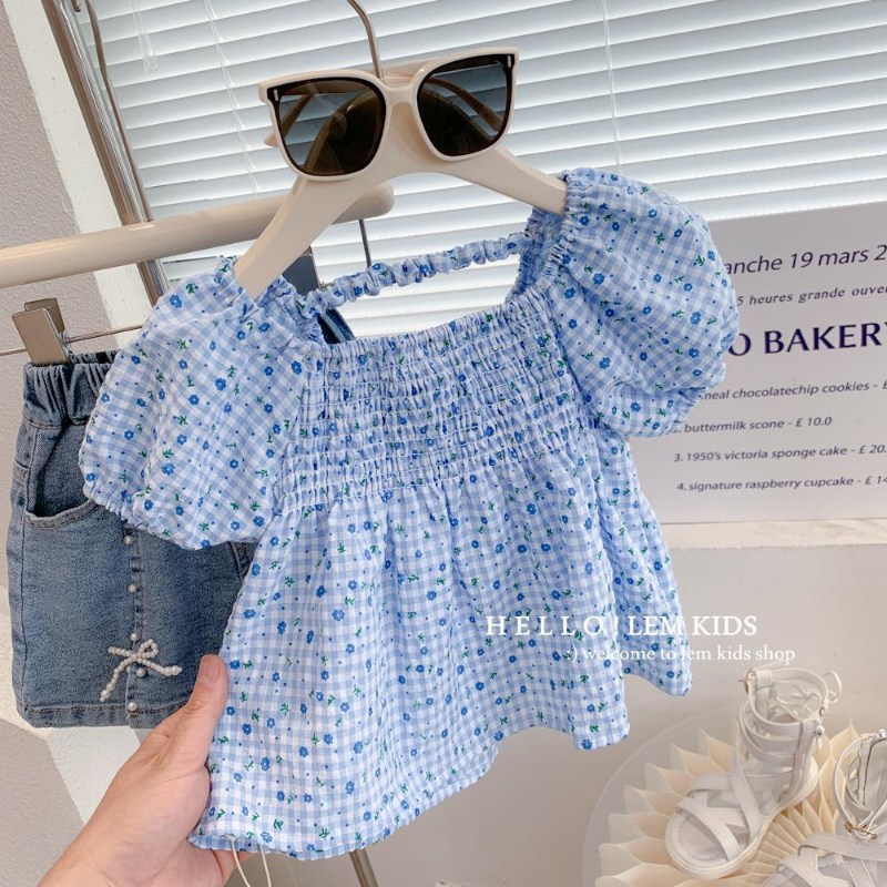 Girls' Versatile Top with New Westernized Square Neck Loose Casual Short Sleeved Sweet and Cute Bubble Sleeved Top - 2