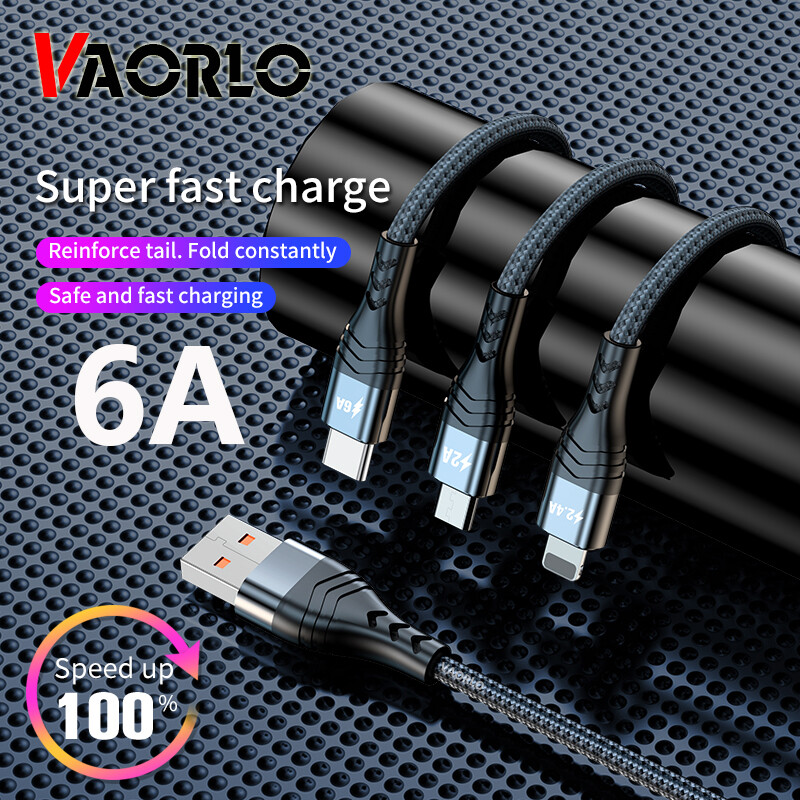 Vaorlo cáp usb 3 trong 1 cáp sạc siêu nhanh type c dây sạc micro lightning dây cáp bện cho android huawei xiaomi oppo samsung