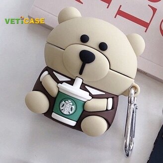 Star-Bucks Gấu Với Móc Chìa Khóa Tai Nghe Trường Hợp Đối Với Apple Airpod Pro Airpods 1 2 3 vỏ mềm Silicone Headphone AirPods Vỏ Pouch Phụ kiện bảo vệ AirPod Nâu Xanh