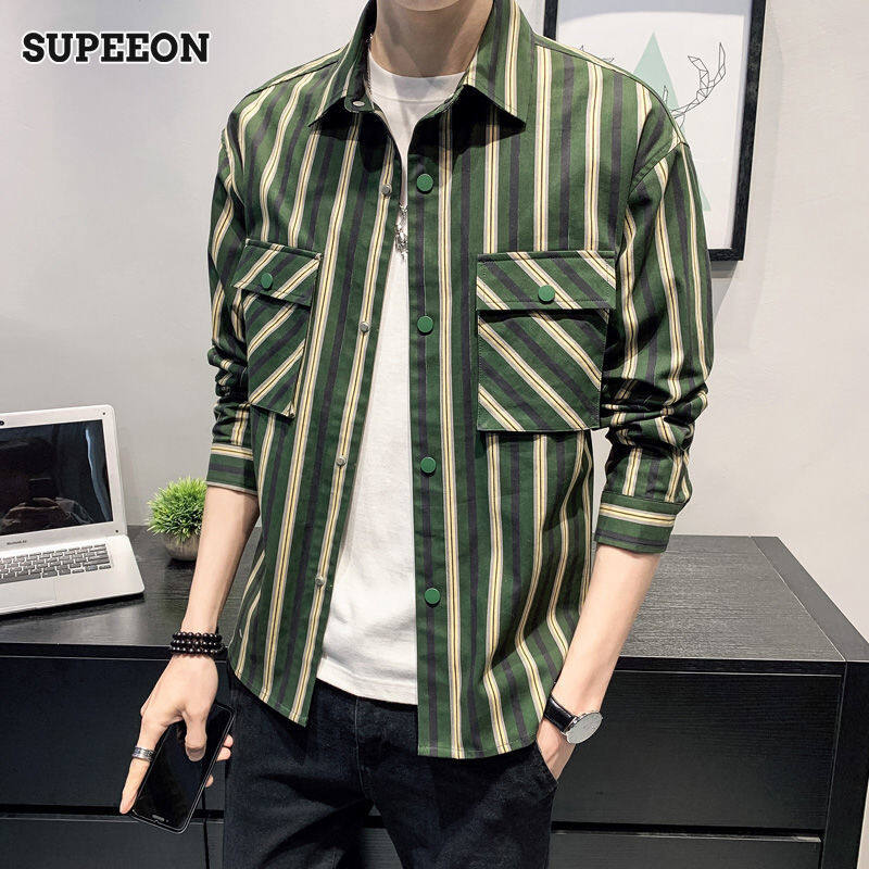 SUPEEON men s loose striped casual shirt long sleeve shirt can be layered