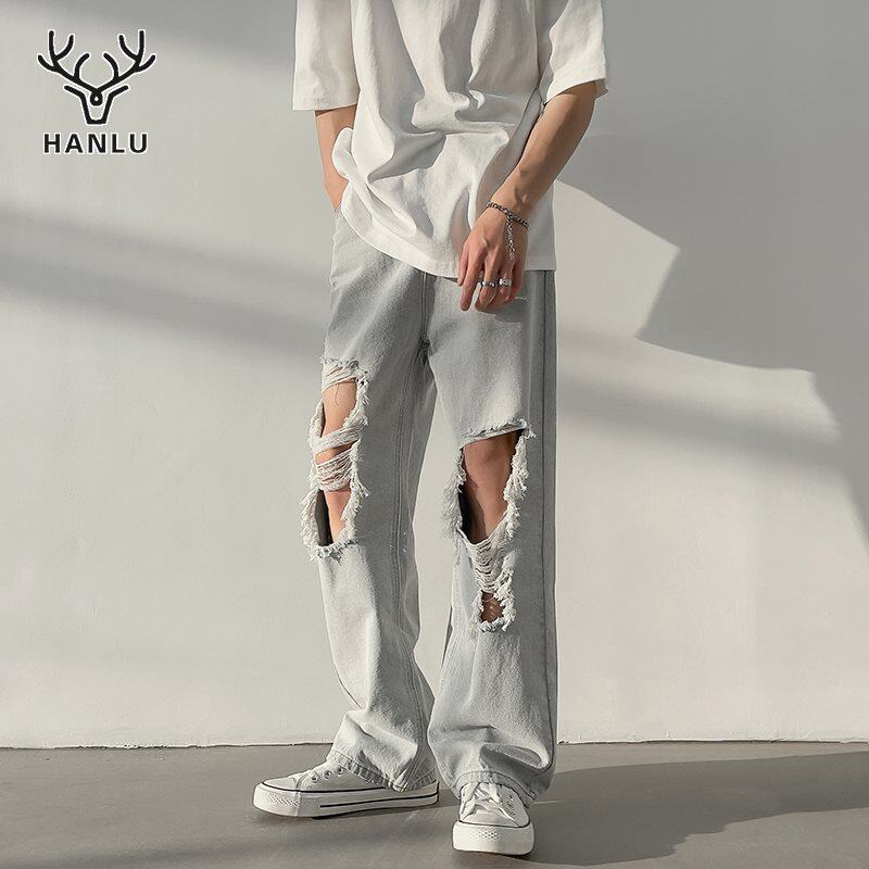 Hanlu quần bò rách quần bò ống rộng dáng thụng thường ngày thời trang cho nam quần bò ống đứng có lỗ hip hop dáng rộng quần nam