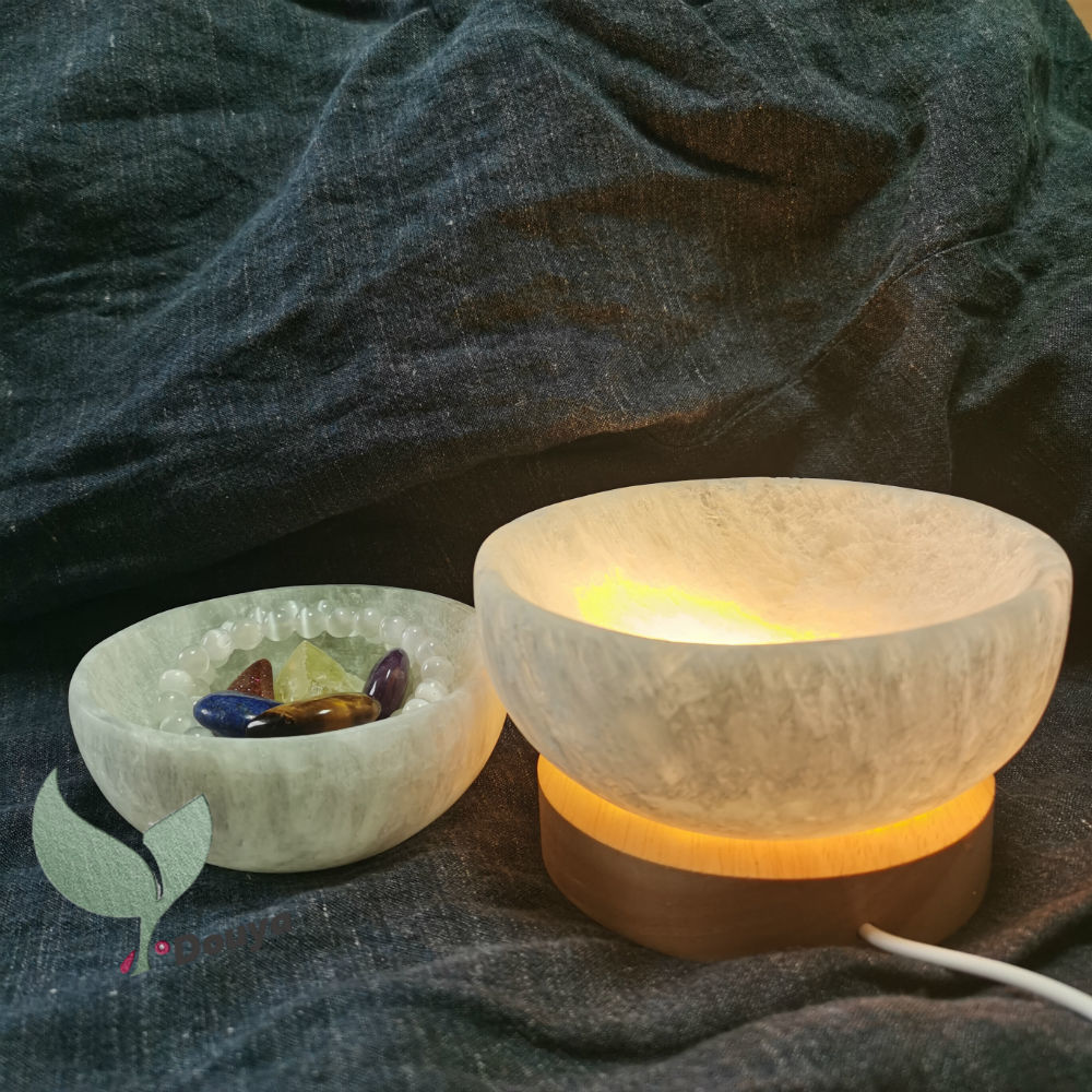 Bát phủ pha lê selenite 4 inch/4.7 inch, đánh bóng dày và chạm khắc bằng tay, đế sạc pha lê ma-rốc, pha lê vệ sinh, sạc, bát phủ