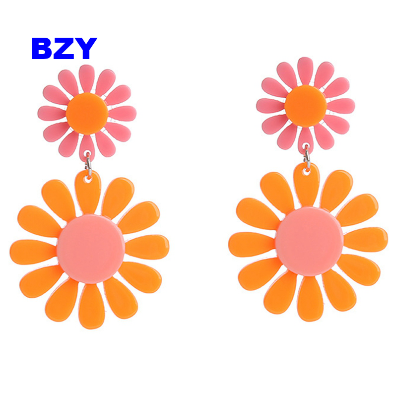 Bzy Khuyên tai hình hoa cúc cam hoa màu Hồng Giọt Nước Treo Bohemian Boho Bông tai Trang sức hoa tai quà tặng cho phụ nữ