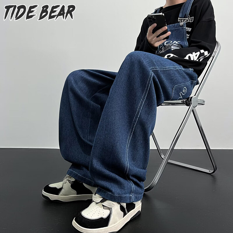 TIDE BEAR Quần jeans nam Quần yếm denim dụng cụ thêu phong cách hoài cổ cho nam và nữ dây đeo cặp đôi hiphop dáng rộng hợp thời trang phong cách Ins