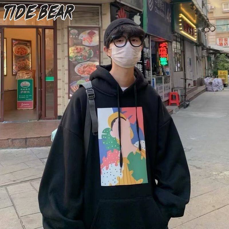 TIDE BEAR Người đàn ông của hoodie Triều quần áo thụng giản dị áo thun áo in thời trang vài chiếc váy