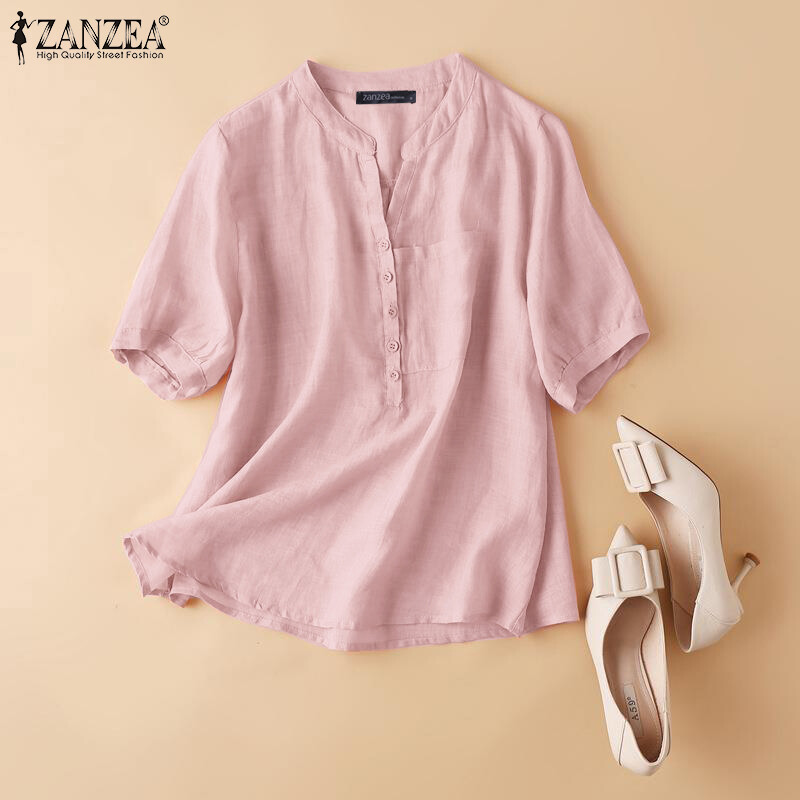 ZANZEA Áo Nữ Dáng Rộng Thường Ngày Mùa Hè Áo Kiểu Màu Trơn Cúc Cổ Chữ V #2