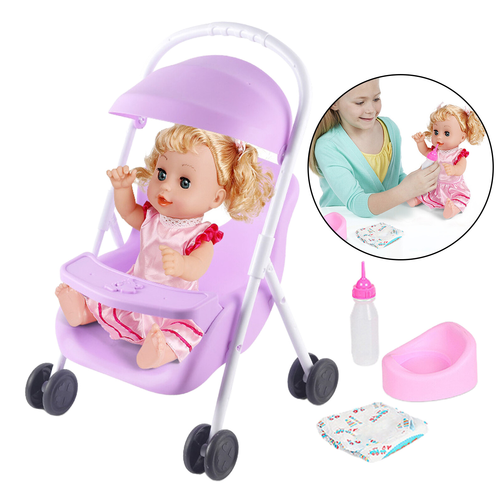 Ccangel búp bê bé gái với xe đẩy mini xe đẩy đồ chơi trẻ em