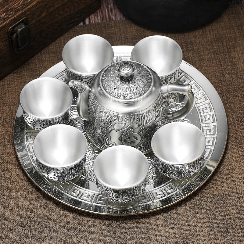 Buford Bộ Trà Bạc Thật 999 Khay Phù Hợp Trung Quốc 1 Nồi 6 Cốc Ấm Trà Cổ Điển Longteng Cốc Quà Tặng