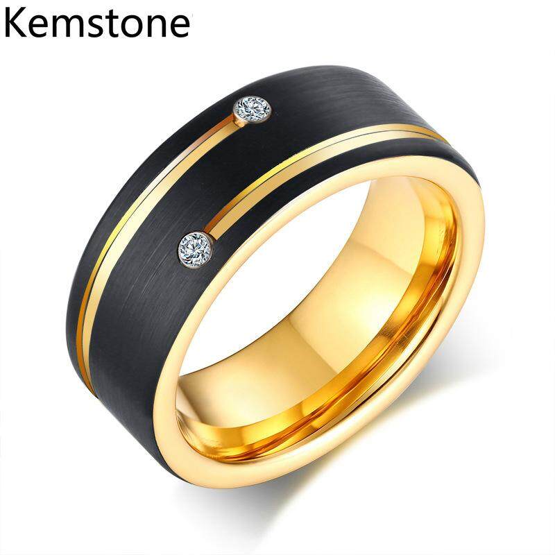 Kemstone Men s Black Gold Tungsten Steel Carbide Inlay AAA Cubic Zirconia