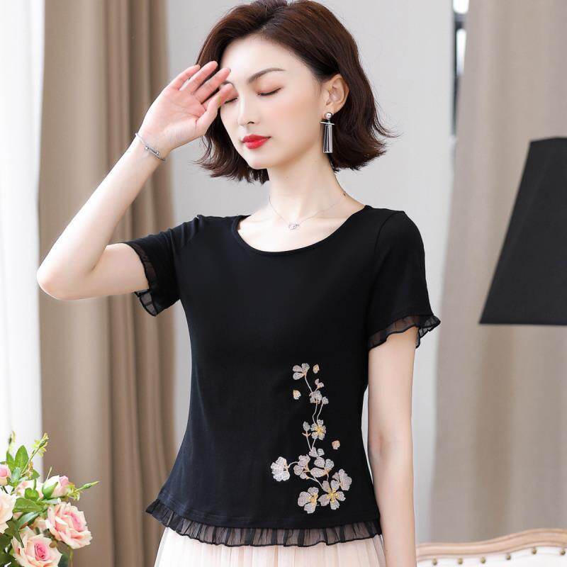 Áo Thun Ngắn Tay Thêu Hình Lá Sen Khí Chất Mới Mùa Hè, Áo Sơ Mi Nữ Sợi Lưới Phù Hợp Với Tất Cả Các Phiên Bản Hàn Quốc Áo Sơ Mi Nhỏ Phong Cách Phương Tây