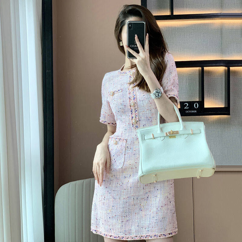 Đầm dáng chữ a hương thơm nhỏ dáng ôm kiểu pháp đầm cổ tròn thường ngày tay ngắn mới