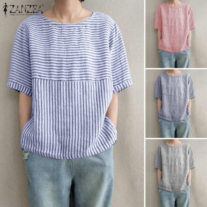 Esolo ZANZEA Women Striped Short Sleeve Loose Blouse Ladies Tops Casual T Shirt O Neck Tops Tee #8 ราคา 222 บาท*ส่งฟรี