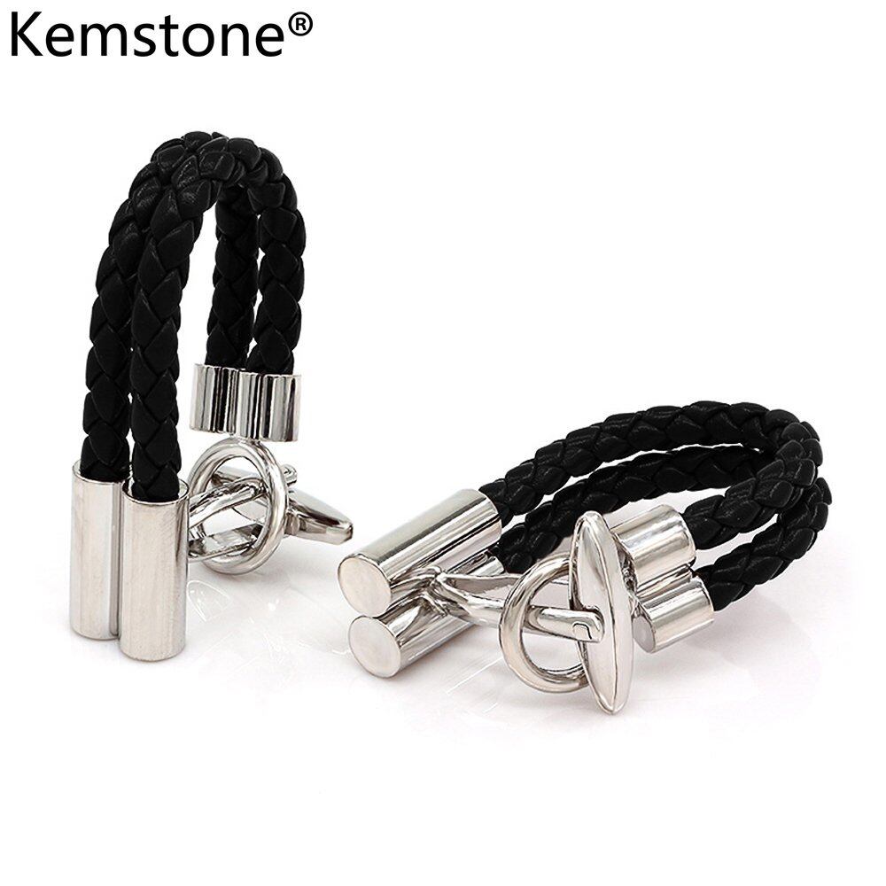 Kemstone Dây Đen Dệt Khuy Măng Sét Mạ Bạc Quà Tặng Sinh Nhật Trang Sức Cho Nam Giới