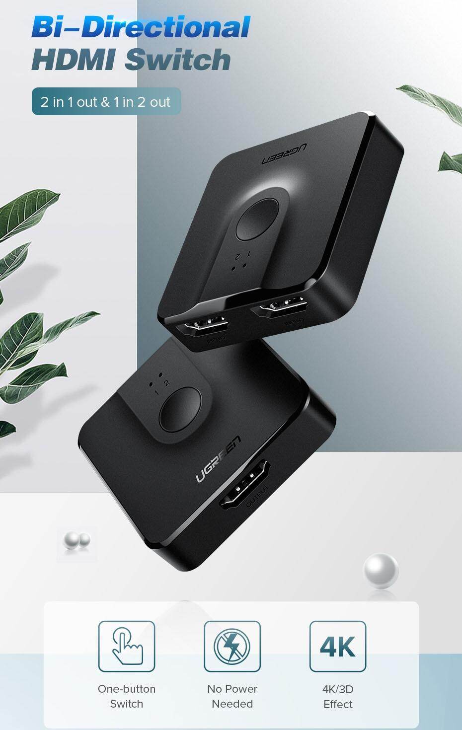 Ugreen Bi-Directional HDMI Switch 4K switcher 1 <strong>NOTE:</strong> 2 monitors CANNOT display simultaneously. --- The total length of HDMI cable should be less than 5M at 4K resolution, and less than 15M at 1080P. --- The product does not support automatic signal detection , and channel 1 is selected by default after power-on. --- The product itself does not include HDMI cables --- If the HDMI switcher does not work,please check your input device whether with external power,the use of the connection wire is consistent with the requirements of the standard wire.