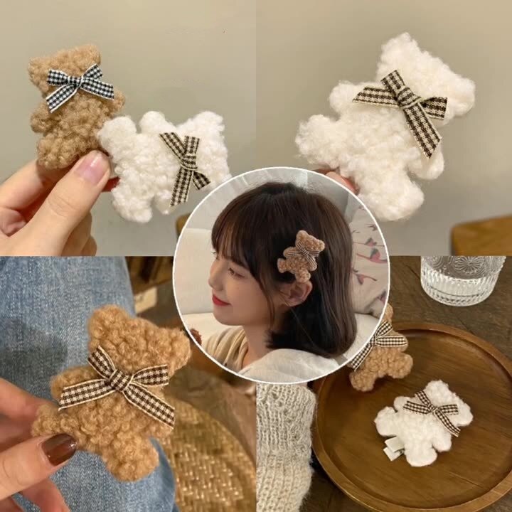 Kẹp tóc hình gấu nơ xinh xắn cho nữ kẹp bên sang trọng kẹp tóc thời trang kẹp tóc mái cho nữ màu nâu trắng
