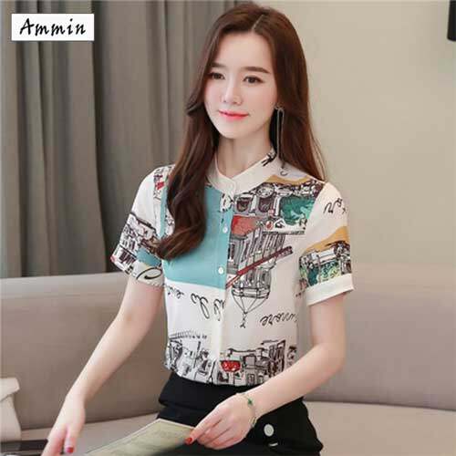 AMMIN Áo Lụa In Hình Cá Tính Cho Nữ Mùa Hè Mới, Cổ Đứng Nữ Áo Sơ Mi Ngắn Tay Áo Cánh