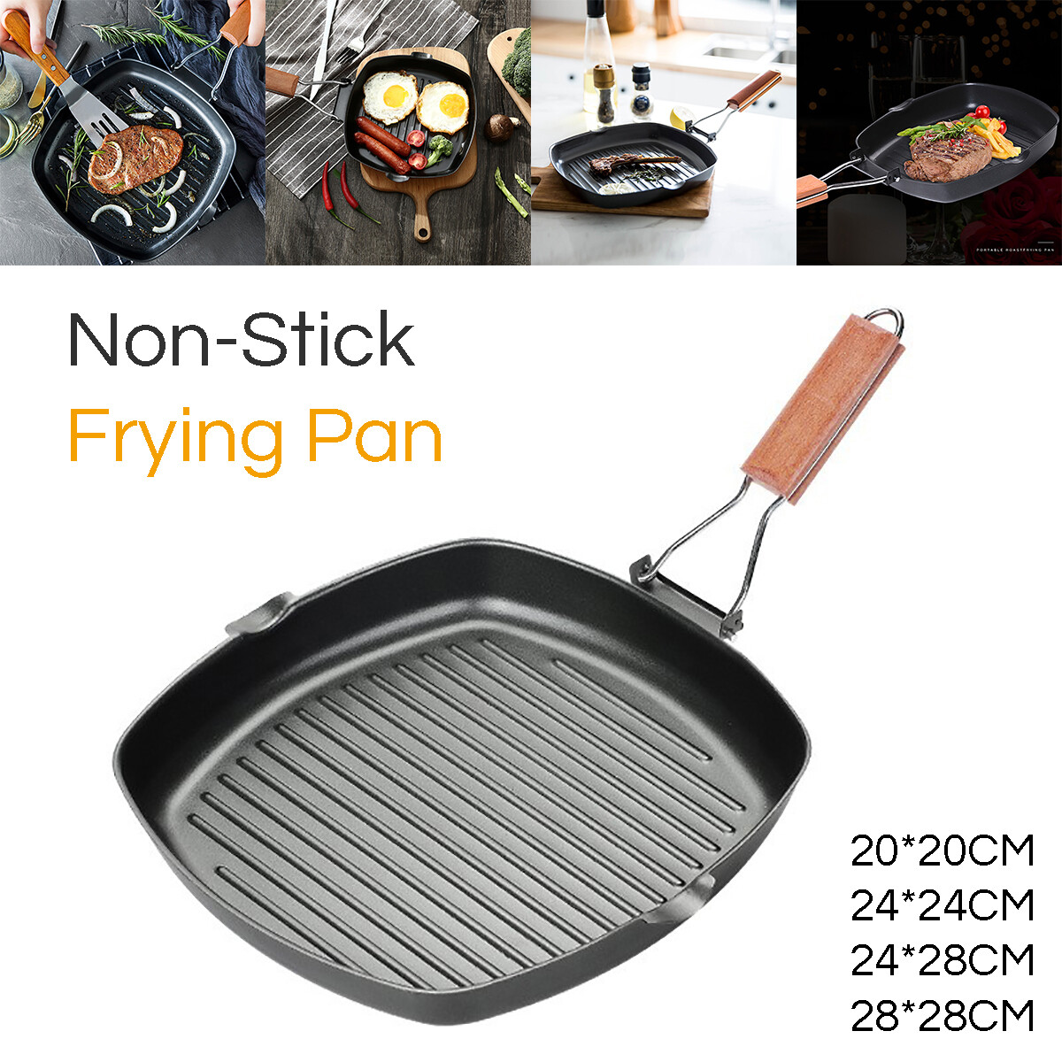 Chảo nướng bít tết bằng gang chảo không chiên tay cầm bằng gỗ gấp gọn cho nhà bếp chảo bít tết nấu ăn chảo nướng vuông cầm tay