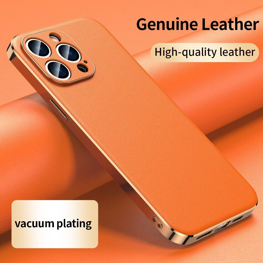 100% Genuine Cowhide Leather Phone Case for iPhone 16 pro max 15 pro max 14 pro max 13 Pro Max 11 12 pro max 14 15 16 Plus Luxury Plating Shockproof Lens Protection Back Cover