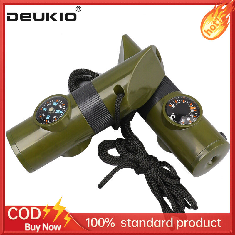 DEUKIO cắm trại ngoài trời còi đa năng 7 trong 1, bài sinh tồn, còi cứu sinh, với đèn LED, nhiệt kế, la bàn