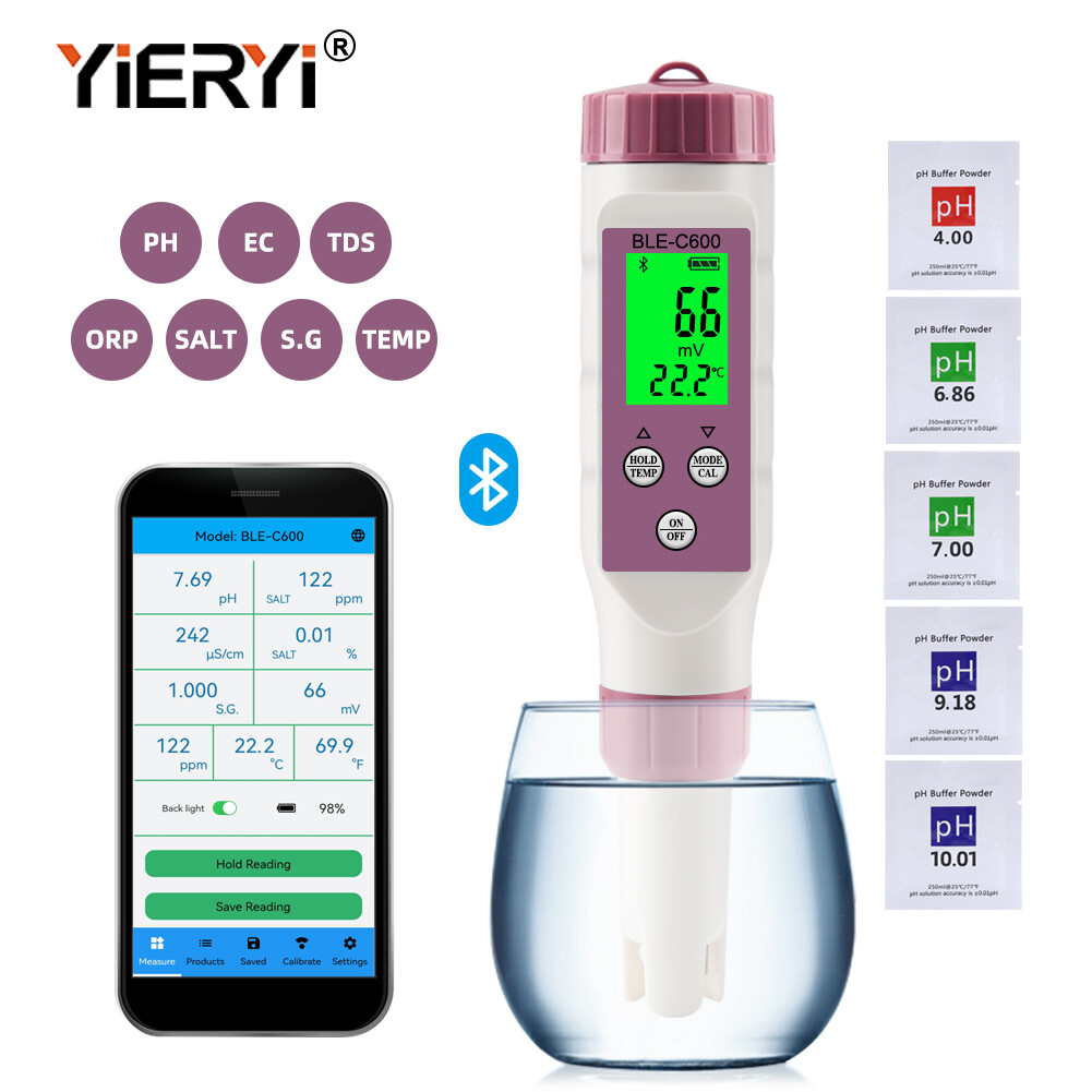 Yieryi máy đo độ ph/ec/tds/độ mặn/s.g/orp/nhiệt độ máy kiểm tra chất lượng nước kỹ thuật số 7 trong 1 chống nước ip67