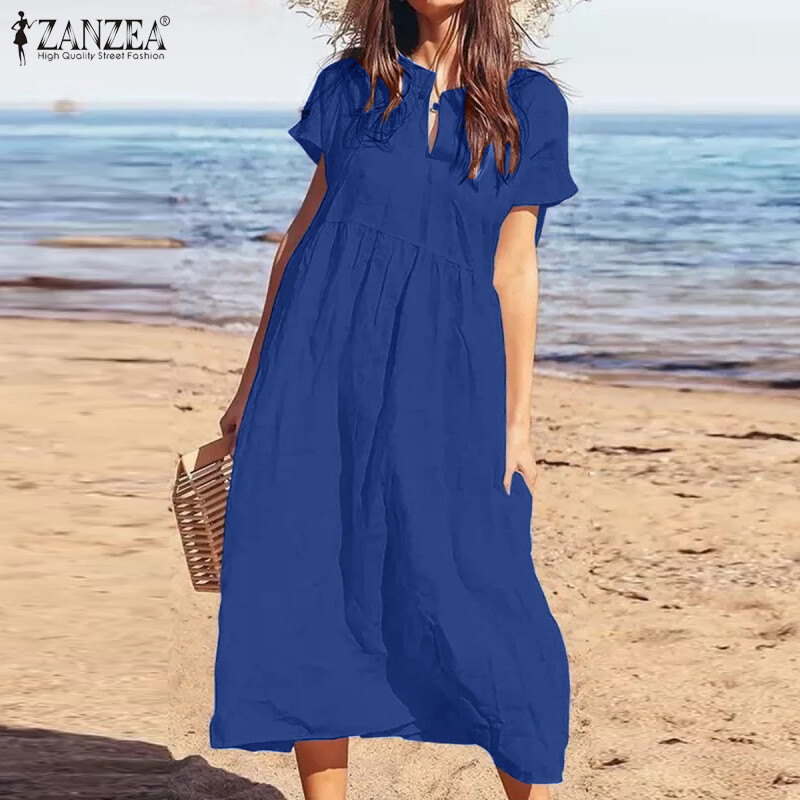 Momonaco zanzea đầm midi màu trơn đa năng thời trang cho nữ đầm xòe xẻ gấu cổ chữ v bằng cotton cổ điển #15