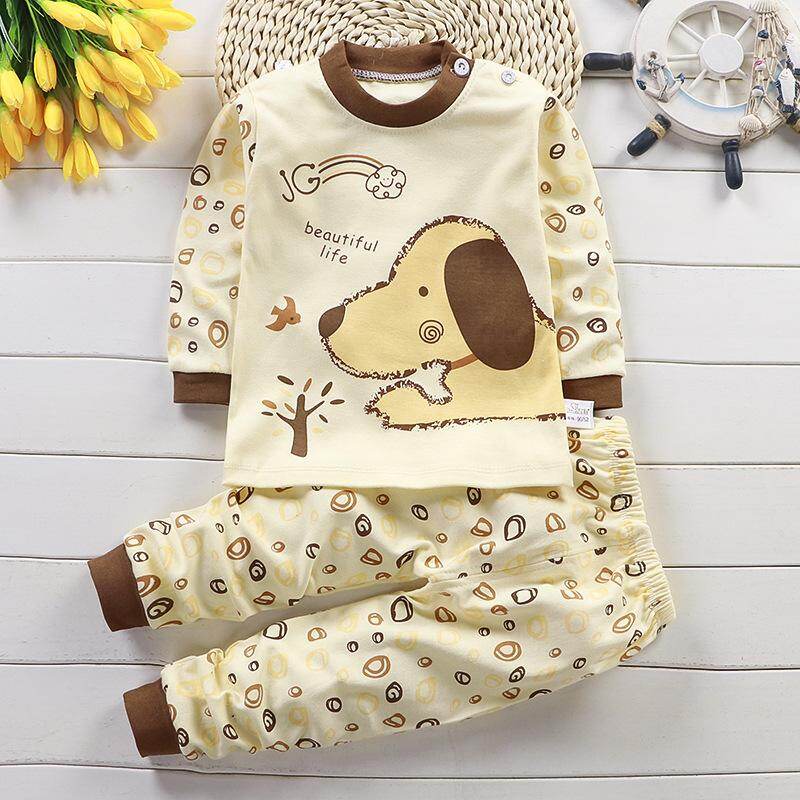 Phim hoạt hình Con chó màu vàng In cho trẻ em Bộ đồ lót bằng cotton Bộ đồ ngủ bé trai bé gái áo dài tay áo sơ mi + quần quần áo mùa thu đông Quần áo ngủ cho trẻ em