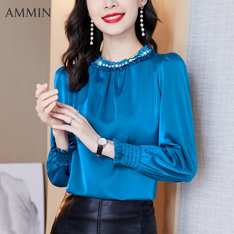 AMMIN Áo Cánh Thời Trang Dáng Rộng Vải Sa Tanh Dài Tay Đối Với Phụ Nữ Áo Đính CườM Tai Gỗ Cổ Điển Áo Cánh Màu Trơn Dáng Rộng Cho Nữ