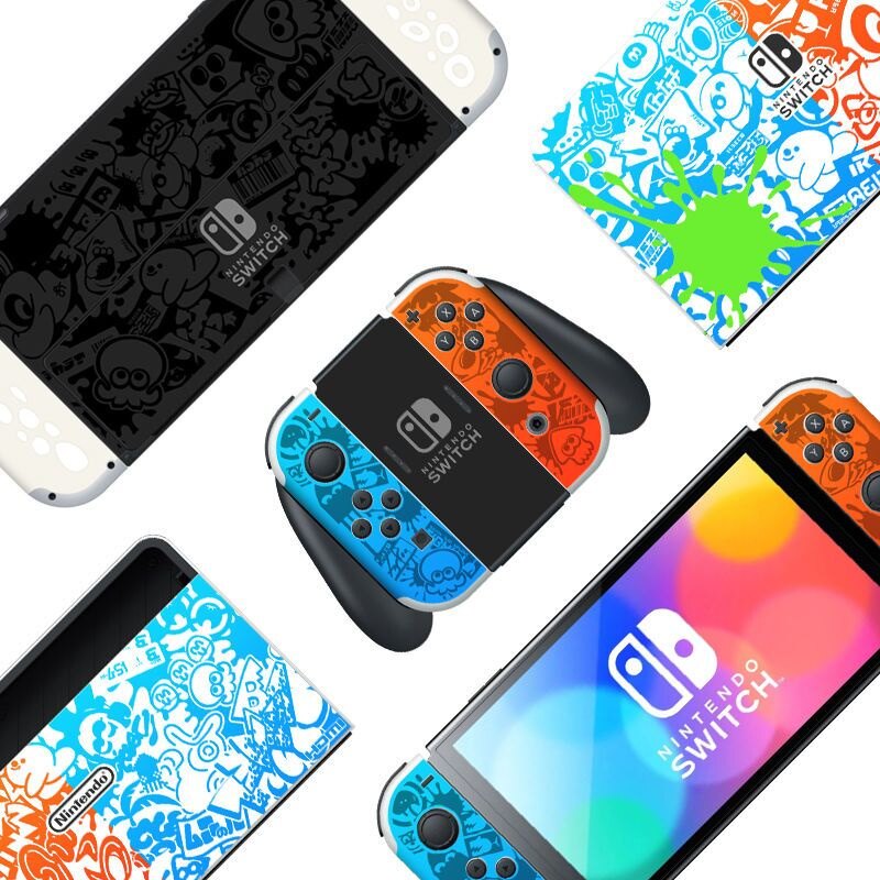 Bìa da đề can Vinyl cho bộ chuyển đổi Nintendo OLED, dễ thương Splatoon trò chơi bảo vệ Bọc trọn Bộ bảo vệ faceplate dán tương thích với chuyển đổi OLED phiên bản giao diện điều khiển joy-con Dock