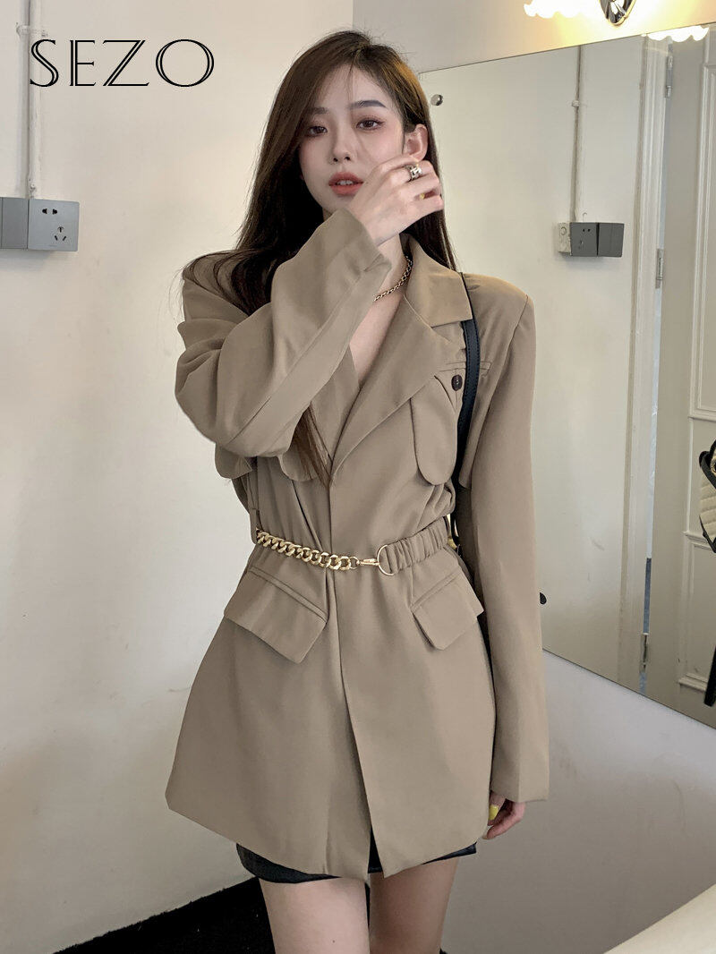 Sezo bộ đồ cổ polo cổ điển áo khoác dài tay cho nữ
