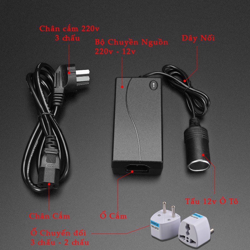 Bộ Chuyển Đổi Nguồn Cho Tẩu Ô Tô 220V Sang 12V, 110V - 12V Kết Nối Từ Tẩu Ô Tô Sử Dụng Cho Máy Hút Bụi, Máy Bơm