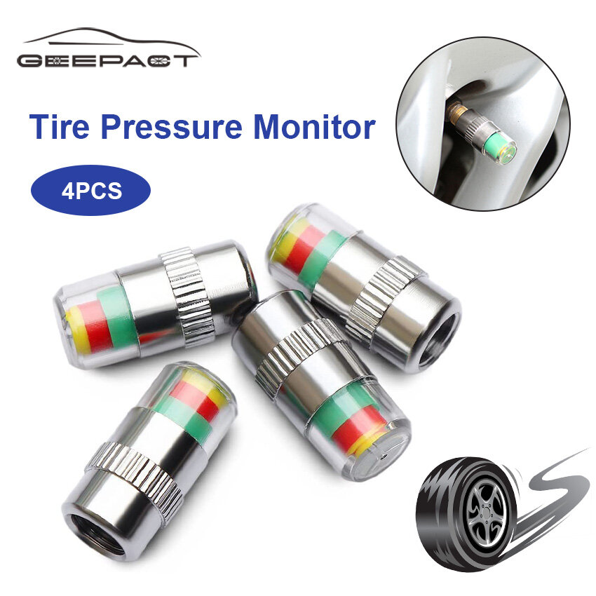 Geepact 4 Chiếc Máy Đo Áp Suất Lốp, Van Báo Động Áp Suất Lốp Xe Ô Tô Độ Chính Xác Cao Nâng Cấp Chống Trộm 2.4 Bar Nắp Chụp Đèn Báo Cảm Biến Cảnh Báo Lốp Không Khí Đo Cảnh Báo Thiết Bị