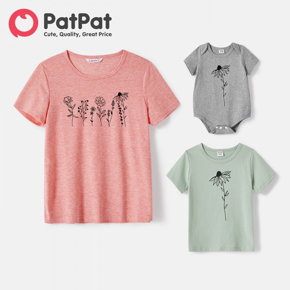 PatPat Mommy and Me 95% Cotton Short-sleeve Floral Print Tee
